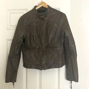 ‘Blanc Noir’ women’s brown leather moto jacket size L